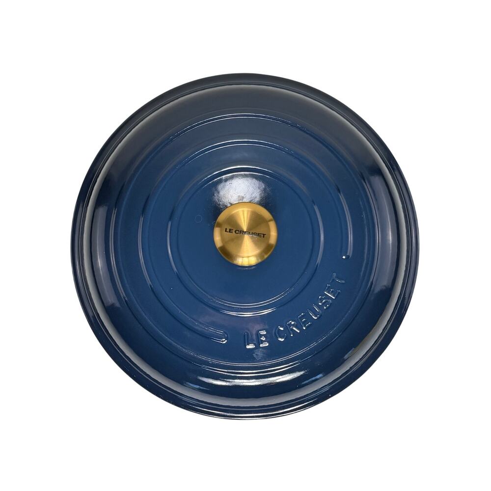 LE CREUSET #32 Round LID ONLY Ink Blue with Gold Knob Cast Iron Dutch Oven EUC